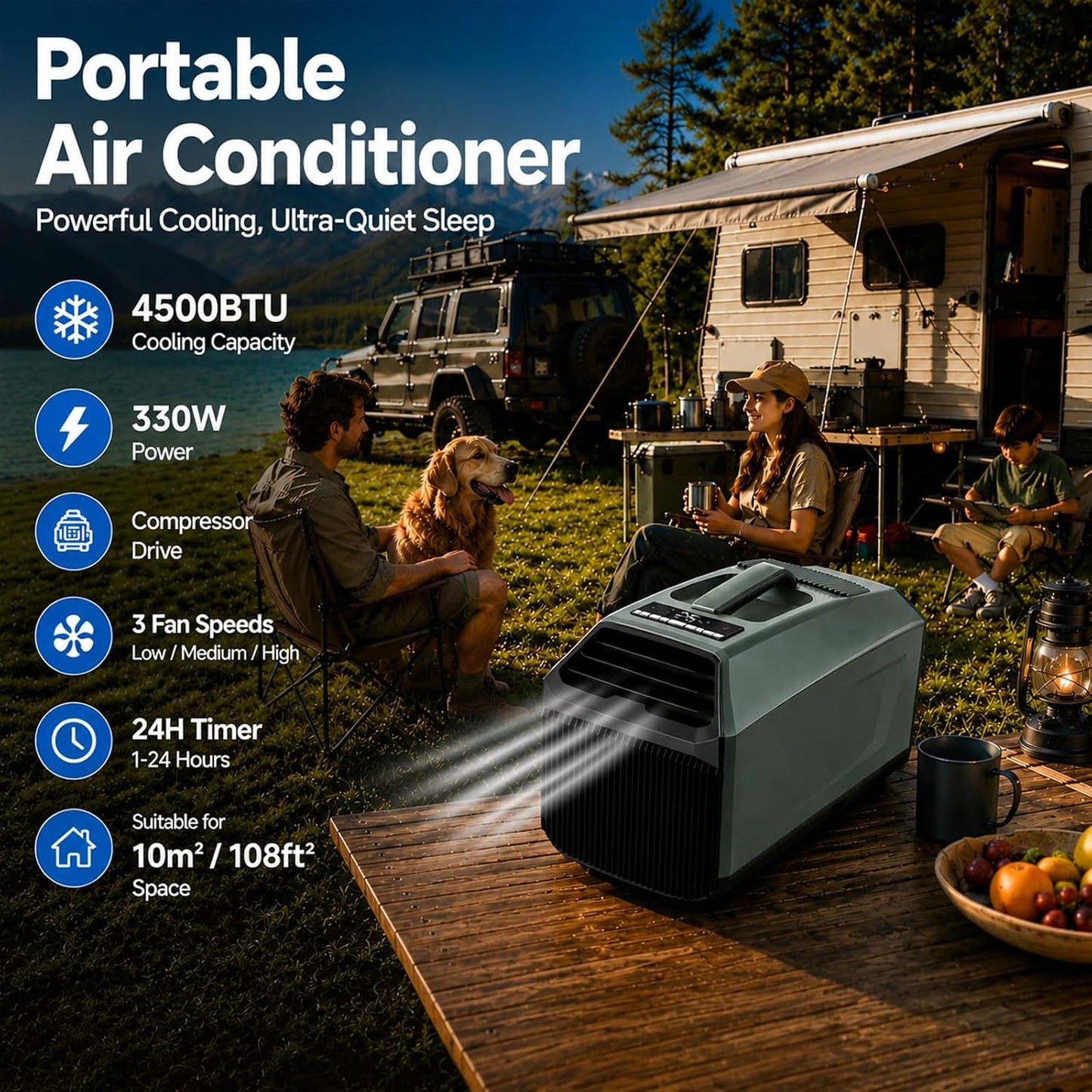  Climatiseur Extérieur Portable 5100 Btu à Refroidissement Rapide, 3 Vitesses De Ventilation, Déshumidification, Minuterie, Faible Consommation,pour Tentes Et Camping-Cars 220VAC