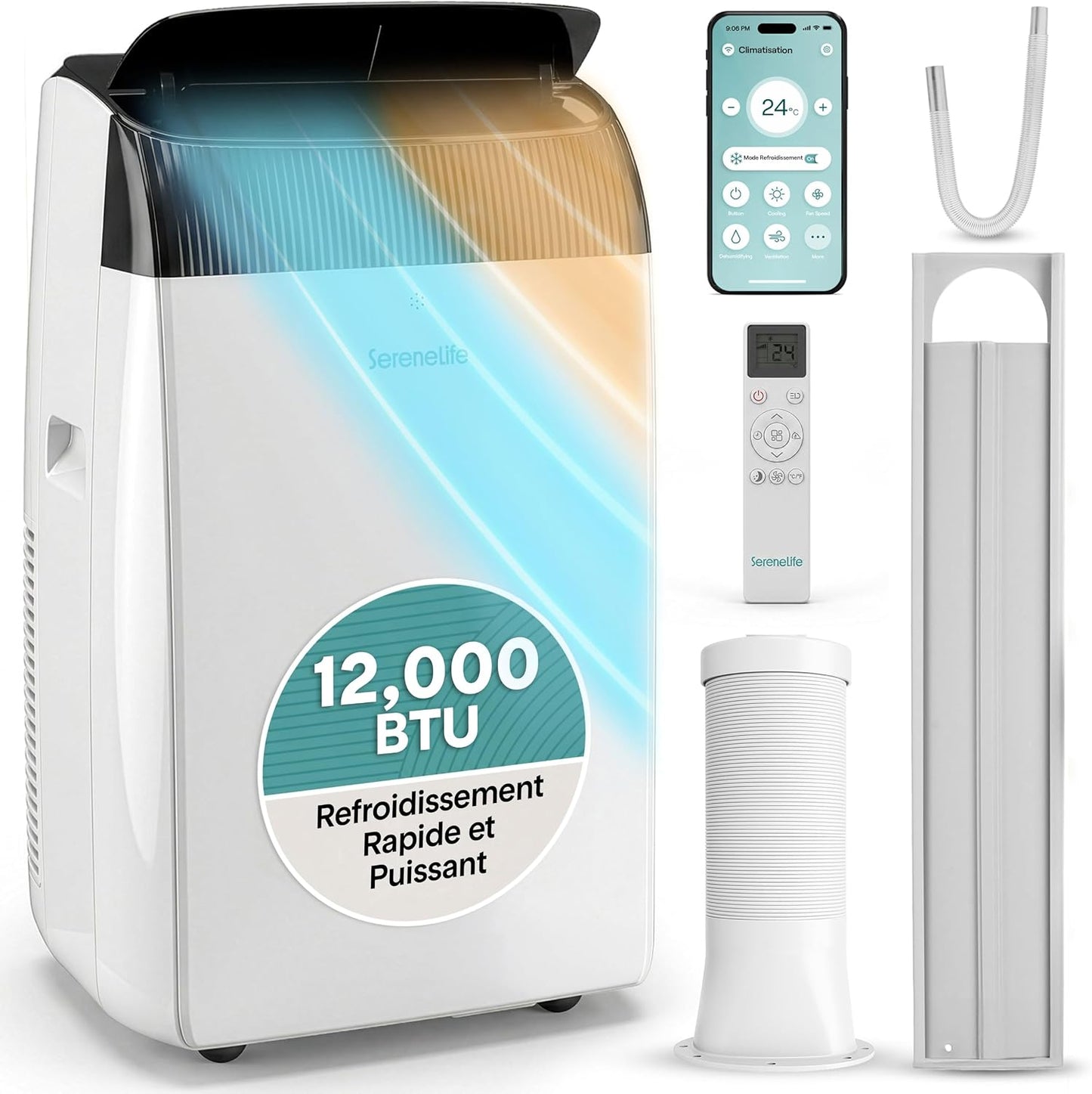  SereneLife Climatiseur Mobile 9000 BTU WiFi – Climatiseur Portable Sans Unité Extérieure, Mode Nuit, Ventilateur Et Déshumidificateur, Kit Fenêtre