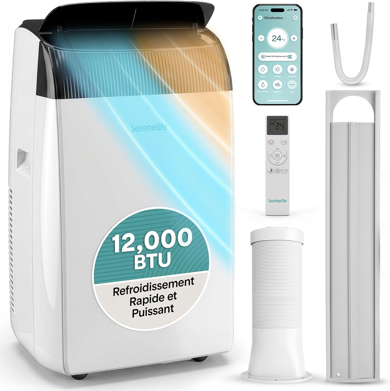  SereneLife Climatiseur Mobile 9000 BTU WiFi – Climatiseur Portable Sans Unité Extérieure, Mode Nuit, Ventilateur Et Déshumidificateur, Kit Fenêtre