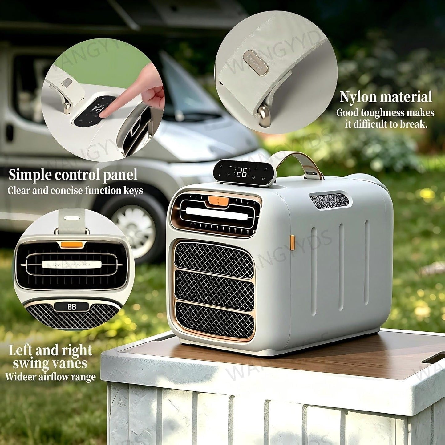  Climatiseur Portable Pour Camping Et Voyages Extérieurs, Double Tuyau, 4700 BTU, 420W, Silencieux 45 DB. Refroidissement, Chauffage Et Déshumidification, Sans Évacuation, Pour Caravanes, Camping-cars