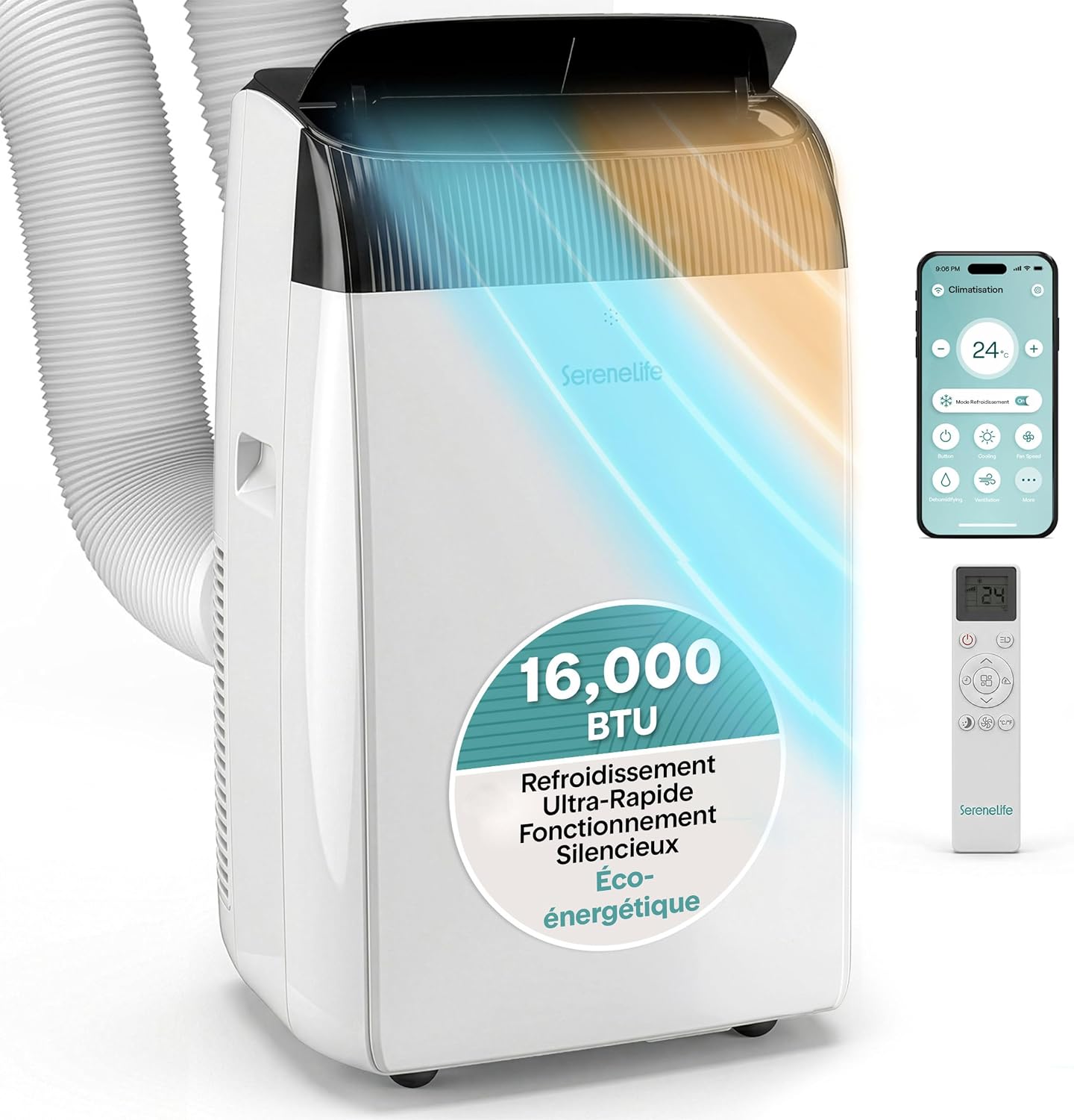  SereneLife Climatiseur Mobile 9000 BTU WiFi – Climatiseur Portable Sans Unité Extérieure, Mode Nuit, Ventilateur Et Déshumidificateur, Kit Fenêtre