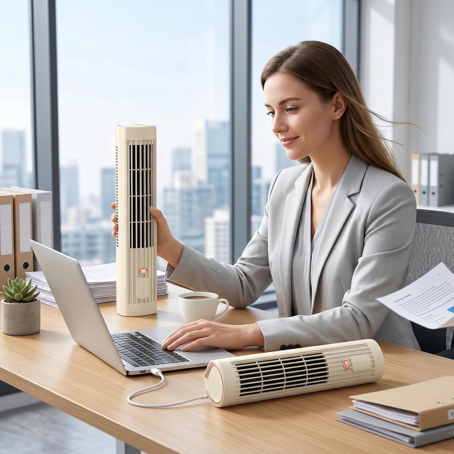  Climatiseur à Chargement Sans Fil, Ventilateur De Refroidissement Portable 2 En 1 Silencieux Avec 3 Vitesses, Climatiseur Rechargeable Par USB Pour Chambre à Coucher, Bureau, Maison, 30, 5 Cm, Marron