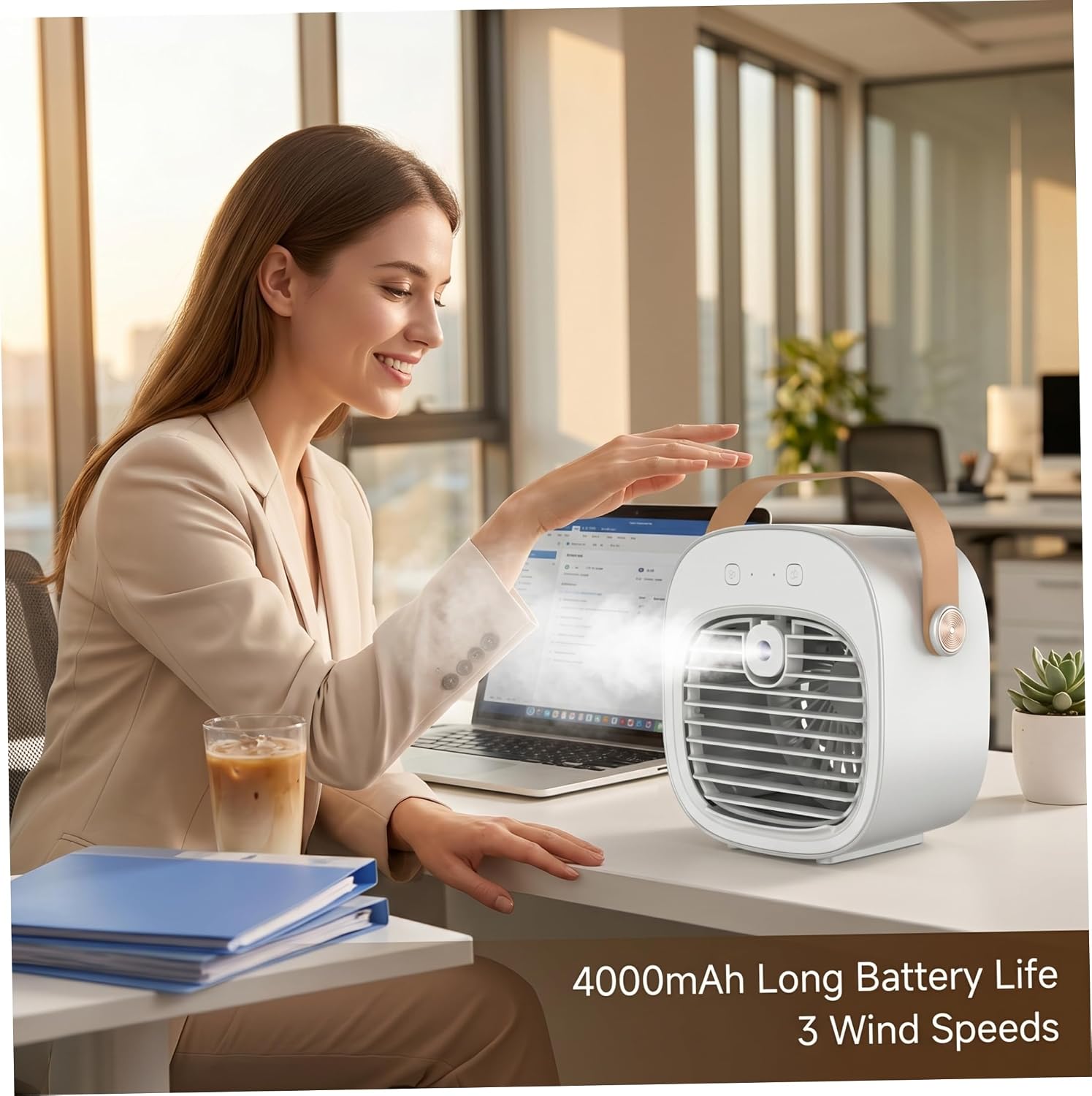  Climatiseur De Voiture, Ventilateur De Refroidissement Personnel à 3 Vitesses Avec Humidificateur, Climatiseur Portable Rechargeable Pour Bureau, Maison, Voiture - Blanc.