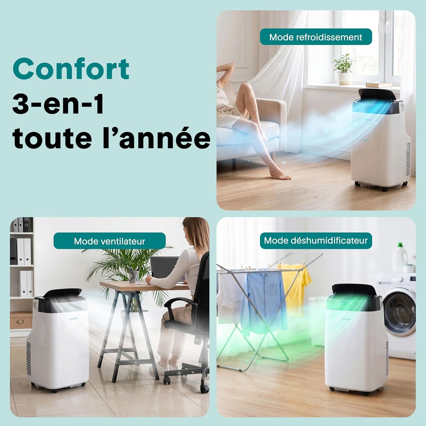  SereneLife Climatiseur Mobile 9000 BTU WiFi – Climatiseur Portable Sans Unité Extérieure, Mode Nuit, Ventilateur Et Déshumidificateur, Kit Fenêtre