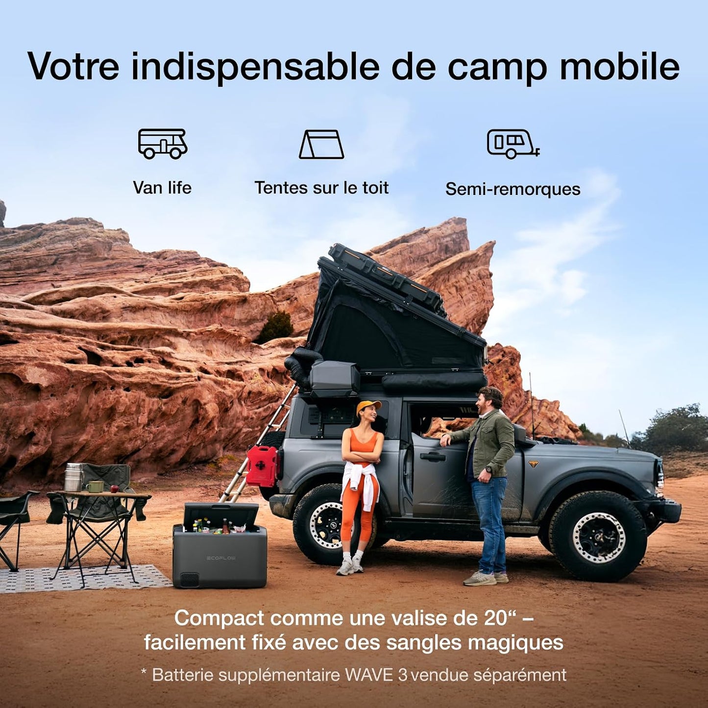  Climatiseur Portable EcoFlow WAVE 3, Refroidissement 6100 BTU, Chauffage 6800 BTU, Charge Rapide 1000W En 75 Mins, Autonomie De 8h, Contrôle Via Application, Idéal Pour Camping, Tentes, RVs,SUVs
