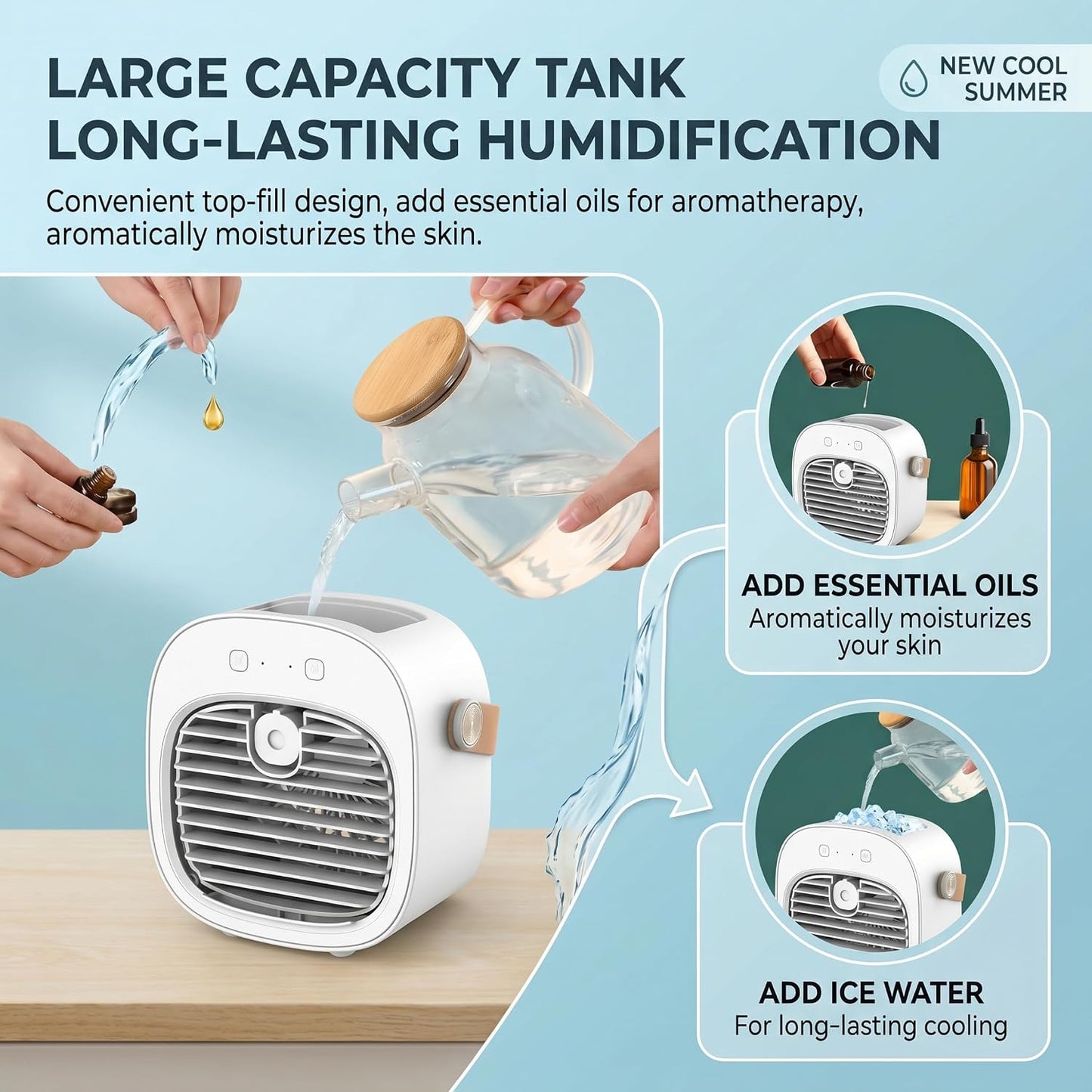  Climatiseur De Voiture, Ventilateur De Refroidissement Personnel à 3 Vitesses Avec Humidificateur, Climatiseur Portable Rechargeable Pour Bureau, Maison, Voiture - Blanc.