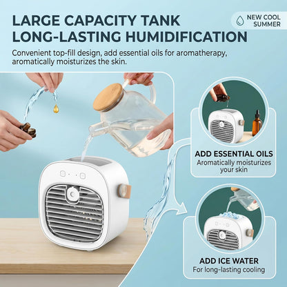  Climatiseur De Voiture, Ventilateur De Refroidissement Personnel à 3 Vitesses Avec Humidificateur, Climatiseur Portable Rechargeable Pour Bureau, Maison, Voiture - Blanc.