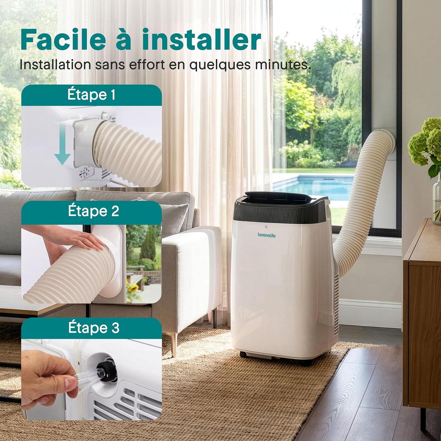  SereneLife Climatiseur Mobile 9000 BTU WiFi – Climatiseur Portable Sans Unité Extérieure, Mode Nuit, Ventilateur Et Déshumidificateur, Kit Fenêtre